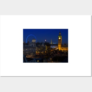 London eye and Big Ben by night, London, England Posters and Art